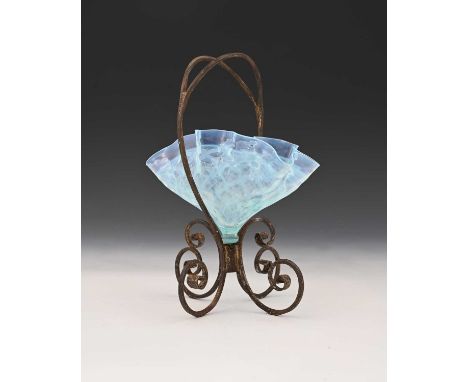 Harry Powell for James Powell and Sons, Whitefriars, an Arts and Crafts blue opal glass and wrought basket, circa 1880, the c