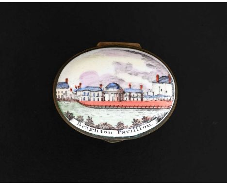 A Bilston enamel patch box, circa 1790, oval form, the lid with a polychrome image of Brighton Pavillion and inscribed banner