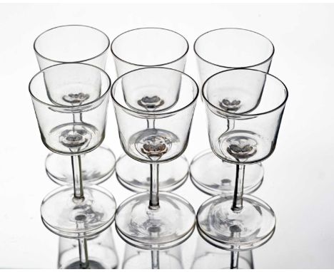 Harry Powell for James Powell and Sons, Whitefriars, a set of six Arts and Crafts liqueur glasses, circa 1878, the slightly t