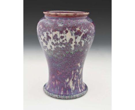 Ruskin Pottery, a High Fired vase, 1905, inverse baluster form, marbled lavender flambe over grey and sang de boeuf, with gre