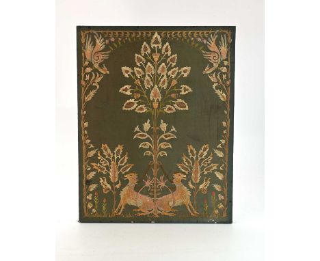 A Georgian textile panel, embroidered in coloured silks with a pair of sporting dogs tethered to a stylized tree, framed by e