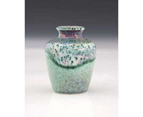 Ruskin Pottery, a small High Fired vase, circa 1905, shouldered form, green over lavender flambe with tidal band and green ox