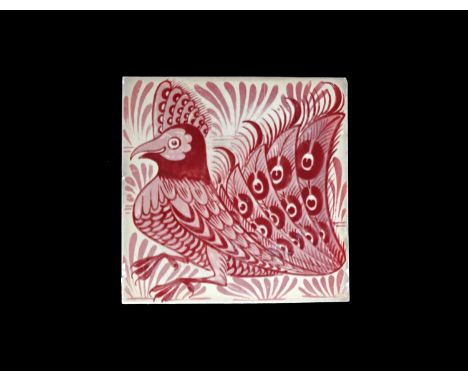 William De Morgan, an Arts and Crafts ruby lustre Ornate Bird or Peacock tile, Chelsea, circa 1880, painted with a bird facin