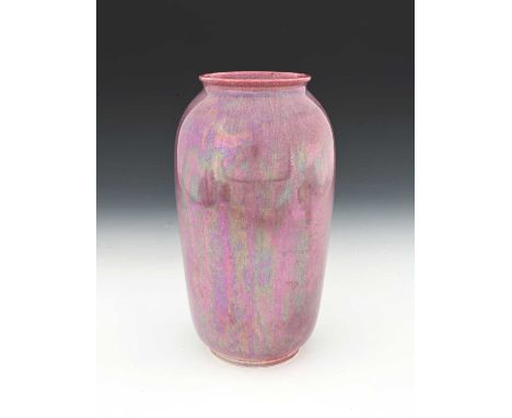 Ruskin Pottery, a lustre vase, 1915, shouldered form, pink hares fur glaze, impressed marks, 26cm high