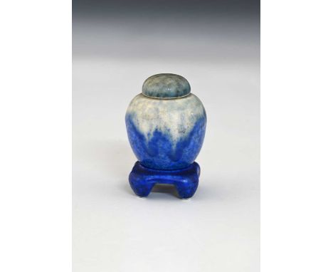 Ruskin Pottery, a miniature Crystalline ginger jar on stand, circa 1930, green grey draining to dark blue, impressed marks, 5