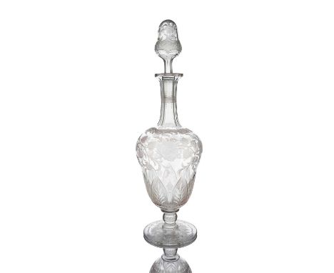 A Stourbridge etched and engraved glass decanter, circa 1860, pedestal urn form the double gourd or acorn body decorated with