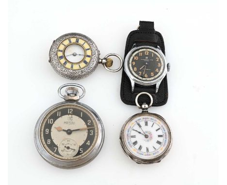 A mixed group of watches, one base metal Ingersoll Triumph pocket watch, a base metal Ingersoll Triumph wrist watch, an open 