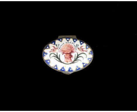 A Bilston enamel patch box, circa 1780, oval form, the lid painted with wheat sheaf and doves below motto Peace and Plenty, w