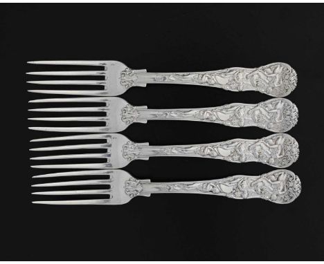 Paul Storr, a set of four George IV cast silver Bacchanalian pattern entree forks, double struck, each engraved with an armor