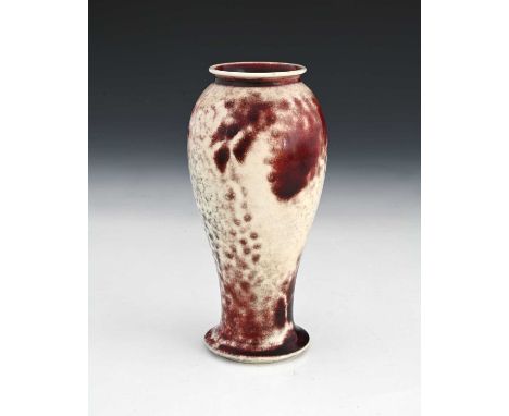 Ruskin Pottery, a High Fired vase, 1924, inverse baluster form, fissured sang de boeuf over dove grey, impressed marks, 16.5c