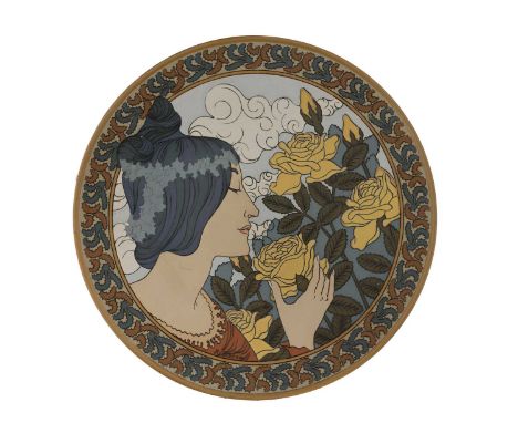 R Fournier for Villeroy and Boch, a large Jugendstil Mettlach charger, model 2544, circa 1899, sgraffito decorated with a wom