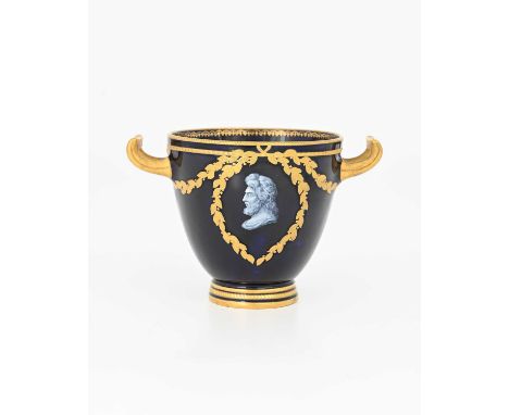 Kerr and Binns, a Worcester Limoges enamelled twin handled cup, footed Grecian form with profile portrait busts in white slip