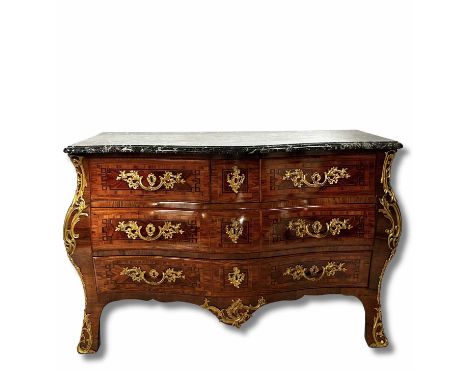 A Louis XV design kingwood commode, of bombe form, serpentine black and white veined marble top with scallop moulded edge, ov