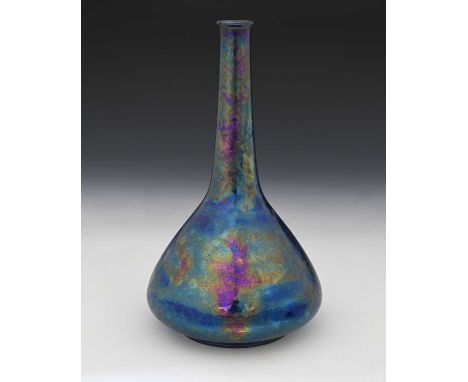 Ruskin Pottery, a Kingfisher lustre vase, 1922, conical bottle form with leopard print textured glaze, impressed marks, 23cm 