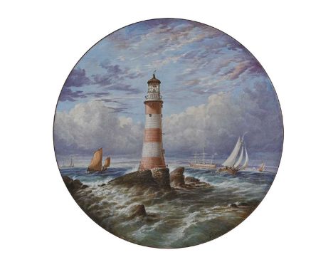 Alexander Fisher, a Torquay Terracotta Company painted plaque, decorated with a lighthouse and ships on coastal waters, signe