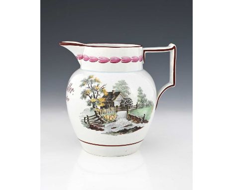 An English pearlware jug, circa 1813, shouldered helmet form, painted with watermill and farm building scenes, inscribed R Mi
