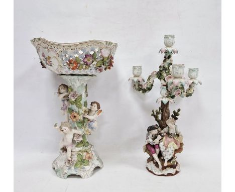 German (Carl Thieme) porcelain flower encrusted comport, blue cross and T mark, pierced, on three flower encrusted tree stump