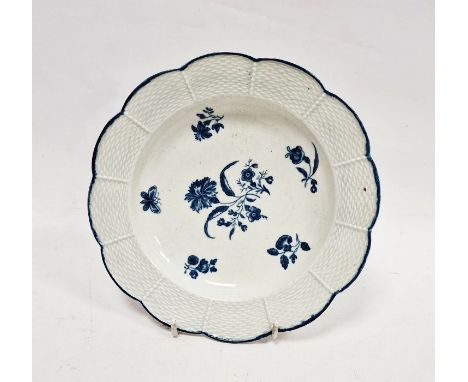 Worcester blue and white basket moulded plate, circa 1775, blue crescent mark, printed with carnations and flower sprays with