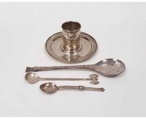 Tiffany &amp; Co silver candlestick holder&nbsp;on a circular base, 2ozt approx. and three assorted silver spoons&nbsp;(4)&nb