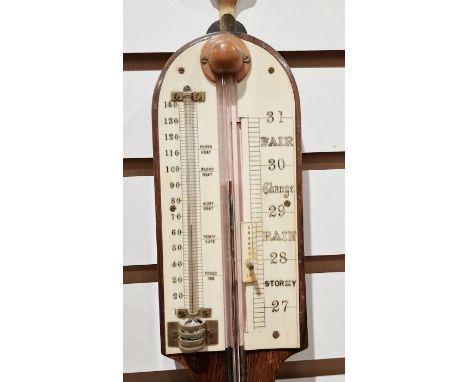 19th century mahogany stick barometer in plain mahogany case with bone thermometer and pressure scale&nbsp;