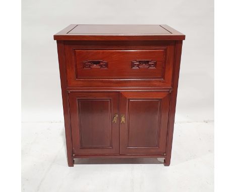 Chinese rosewood side cabinet&nbsp;having fall front with incised scroll carved handles, cupboard below enclosing single draw