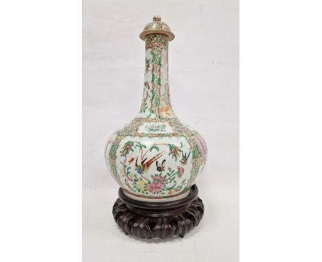 19th century Canton lidded onion-shaped vase in famille rose colours, the body decorated with various courtly figures, birds,