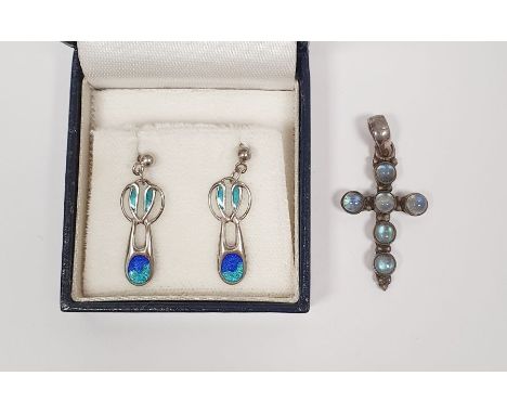 Modern pair of Art Nouveau-style silver and enamel drop earrings&nbsp;and a silver cross set with moonstones (2)&nbsp;