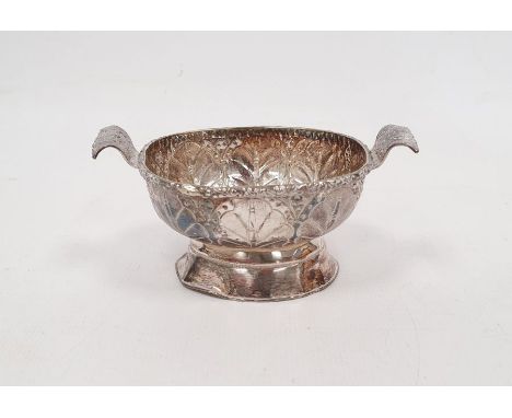 19th century Malaysian silver miniature two-handled bowl, oval-shaped on pedestal base, leaf engraved decoration, marked to b