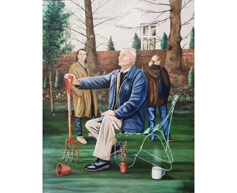 Andy Danks (20th century) Oil on canvasElderly gentleman seated in a garden holding a garden fork, with two further figures i