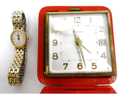 Lady's rolled gold Rotary wristwatch and the flexible mesh strap, in case and a folding travelling clock (2) 