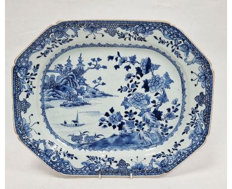 Chinese export blue and white shaped octagonal serving dish, late 18th century, painted with pavilions on islands, a boat and