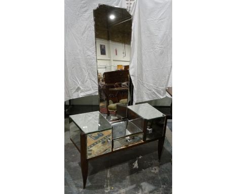 French Art Deco dressing table&nbsp;in a mirrored finish, the long main mirror tapering to the mirrored base, with central dr