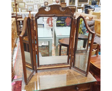 Walnut three-section dressing table mirror&nbsp;with acorn finials and shaped top&nbsp;
