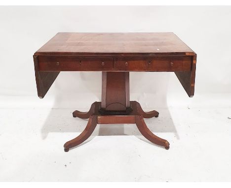 19th century mahogany sofa table&nbsp;with drop ends, two drawers, panelled column, pedestal to four supports, 73cm x 95cm x 