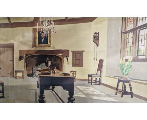 After Norman Wilkinson Large colour print Interior scene of a dining room with large inglenook fireplace, unframed 