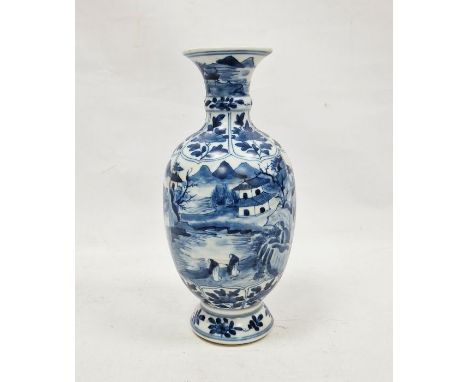 20th century Chinese blue and white vase&nbsp;set with panels with figures in landscape, on circular foot with leaf mark to b