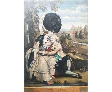 Three 18th century hand-coloured prints entitled 'The Lovers', 'A Visit to the Camp' and 'The Angelic Angler', printed for R 