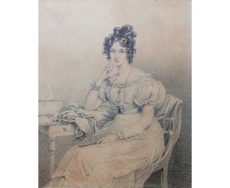 19th century English School in the manner of Edward KerrichPencil and watercolourYoung lady seated at a table, portrait study