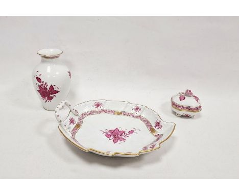 Herend leaf-shaped dish, 24cm wide, a vase and a shaped square box and cover, 20th century, printed blue marks, pattern no.20