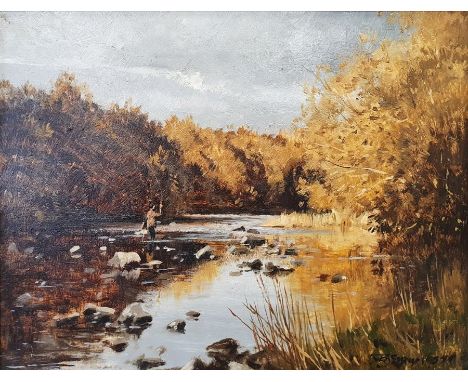 W R Jennings (1927-2005)Oil on panel"The Angler's River" Autumnal river landscape with fisherman, signed lower right, 27cm x 