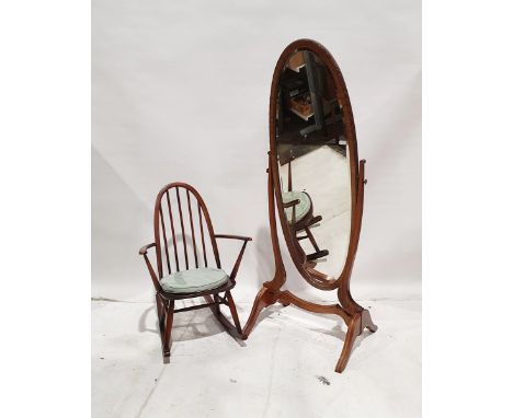 Early 20th century mahogany-framed oval cheval mirror, 167cm high&nbsp;and an Ercol-style dark stained windsor-shaped rocking