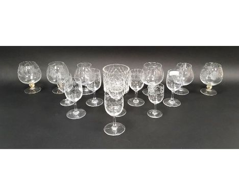 Collection of etched and engraved glasses, including 10 Baccarat wine glasses etched with foliate scroll borders, in sizes, a