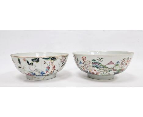 Two Chinese famille rose punchbowls, the first Qianlong, painted with figures in conversation in interiors amongst landscapes