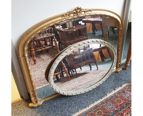 Modern gilt painted overmantel mirror,&nbsp;a grey painted oval mirror&nbsp;and a modern grey painted rectangular mirror&nbsp