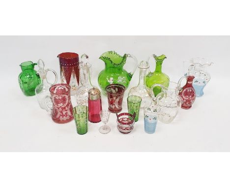 Group of Victorian and Edwardian coloured and enamelled glass&nbsp;including a Mary Gregory-style green tinted jug with frill