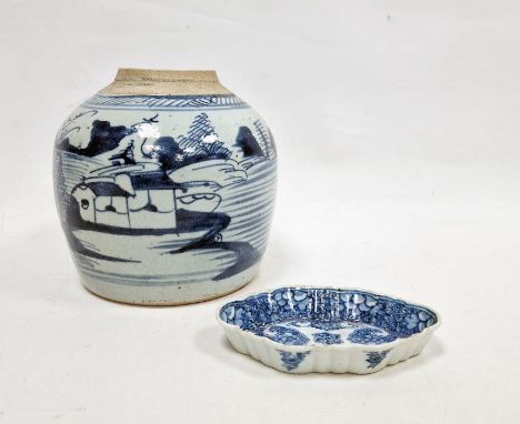 Chinese 19th century blue and white ginger jar, painted with huts on islands and figure fishing, in continuous river landscap