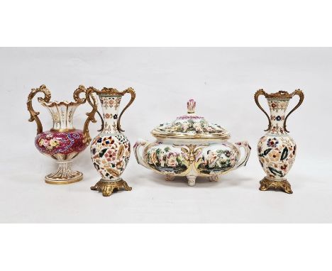 A 19th century Copeland and Garrett two-handled pink ground vase&nbsp;painted with flowers within blue and gilt scroll cartou