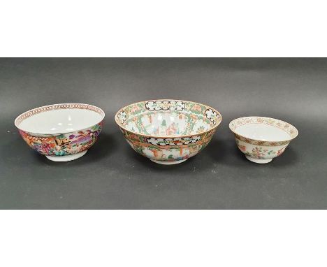 Three Chinese porcelain bowls, Qianlong and later, comprising a small circular bowl painted with figures before terracing in 