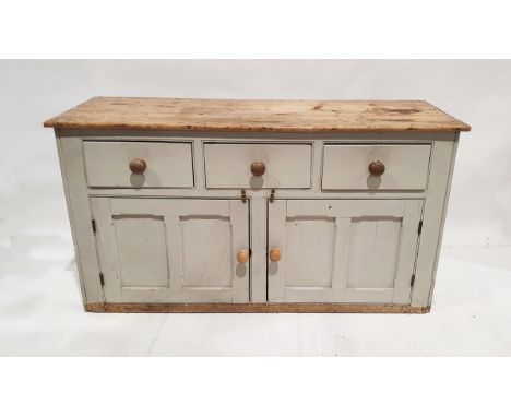 Painted pine kitchen sideboard, the stripped plank top above three drawers and two panelled cupboard doors, one enclosing she