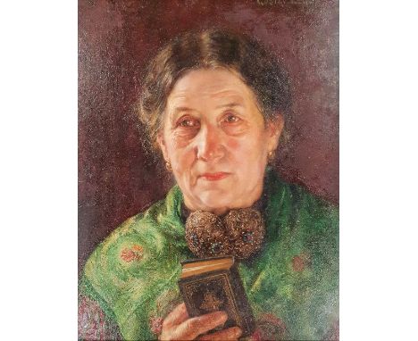 Gustav Kohler (1803-1881) Portrait of an elderly woman with green floral shawl holding a book, signed top right, framed and g